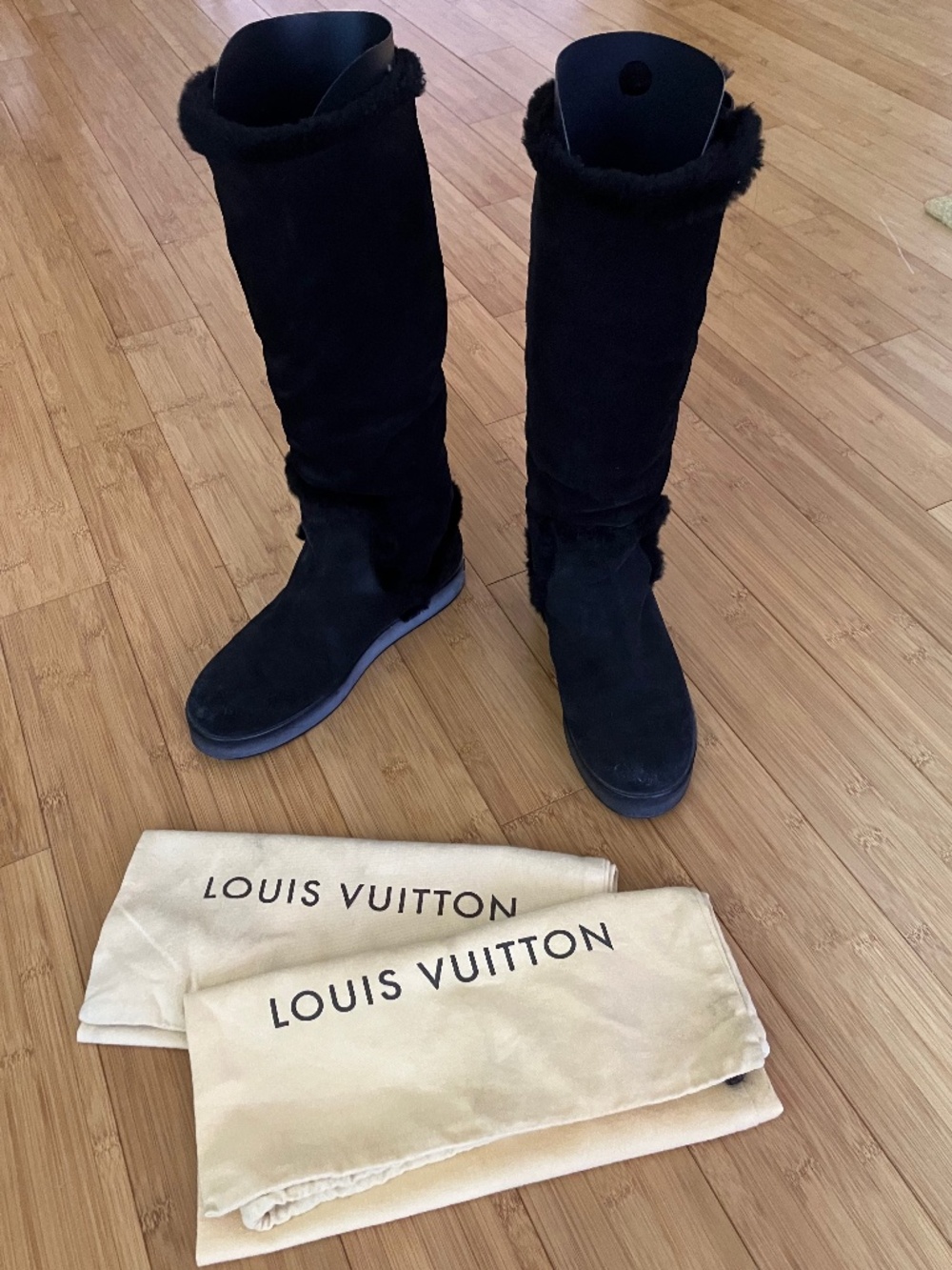 Louis Vuitton Black Suede/Shearling Knee-high Boots w/Dust Bags 9.5 39.5